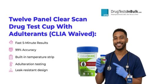 DrugTestsInBulk Clear Scan 12-Panel Drug Test Cup infographic showing features like 5-minute results, 99% accuracy, and leak-resistant design