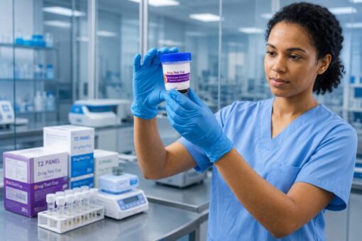 Medical professional holding a drug test cup in a laboratory