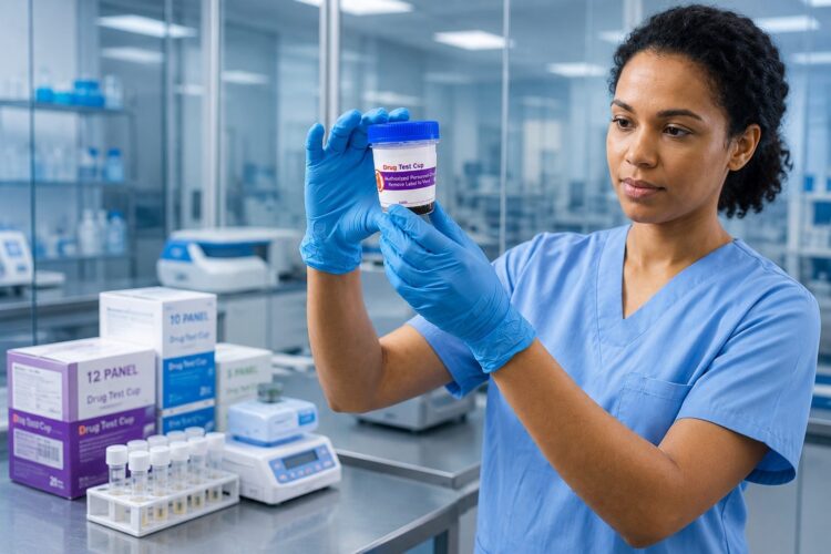 Medical professional holding a rapid urine drug screening cup