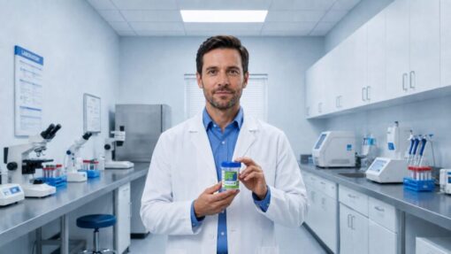 Professional medical technician holding a PreScreen Plus CLIA-waived 14-panel urine drug test cup