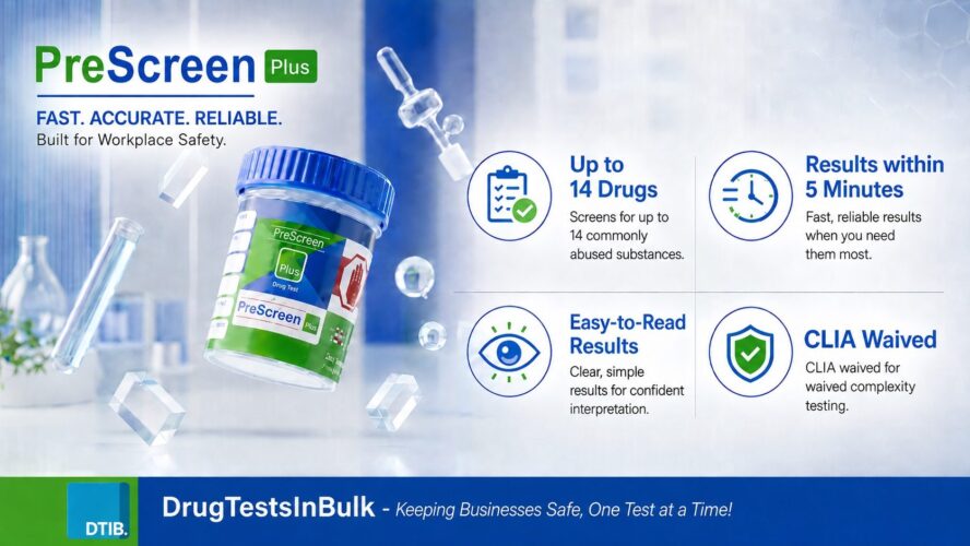 Promotional graphic showing the PreScreen Plus drug test cup alongside key benefits