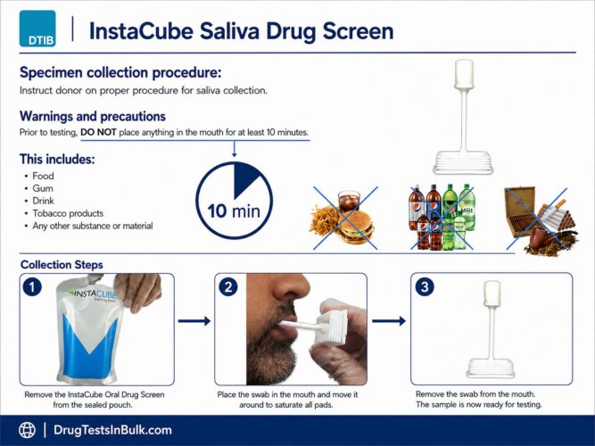 Infographic showing proper saliva drug and alcohol mouth swab testing procedure and donor precautions