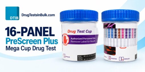 Front and back view of the 16-panel PreScreen Plus Mega Cup drug test by DrugTestsInBulk