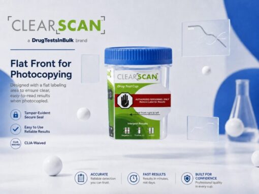CLIA-waived ClearScan urine screening cup with negative, positive, and invalid reading guide