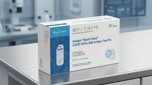 Box of Healgen Rapid Check COVID-19 and Flu A and B Antigen Test Pro